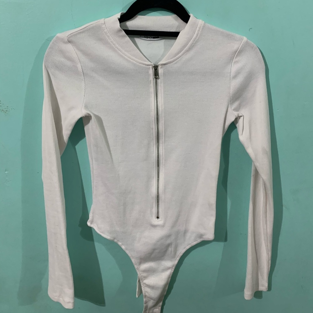 White Zipper Long Sleeve Bodysuit